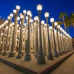 Night view of Chris Burden's "Urban Light" at LACMA